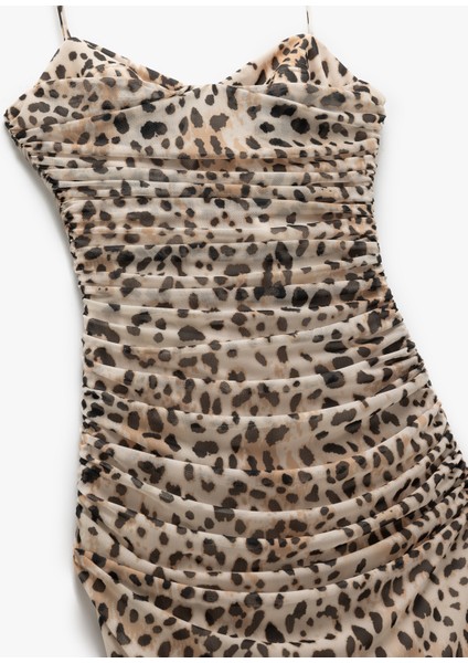 Leopar Desenli Degaje Yaka Askılı Uzun Slip Elbise indirimleri