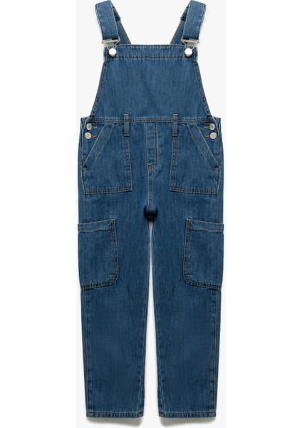Pamuklu Kare Yaka Ayarlanabilir Askılı Uzun Denim Tulum