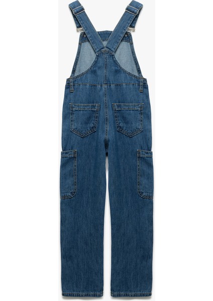 Pamuklu Kare Yaka Ayarlanabilir Askılı Uzun Denim Tulum