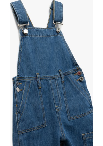 Pamuklu Kare Yaka Ayarlanabilir Askılı Uzun Denim Tulum