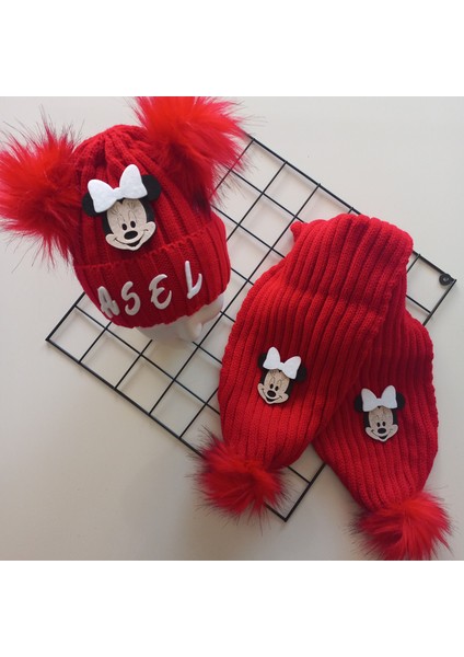 Bebek Kız Çocuk Isimli Kırmızı Beyaz Minnie Çift Ponponlu Atkı Bere Takımı