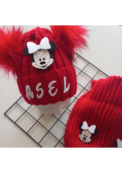 Bebek Kız Çocuk Isimli Kırmızı Beyaz Minnie Çift Ponponlu Atkı Bere Takımı fiyatları