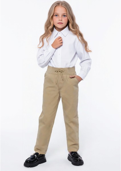 Kız Çocuk Lastikli Ribana Bel Kanvas Çocuk Pantolonu Okul Pantolon