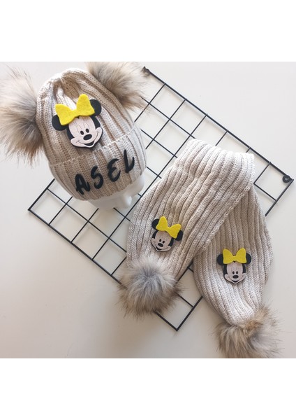 Bebek Kız Çocuk Isimli Bej Sarı Minnie Çift Ponponlu Atkı Bere Takımı