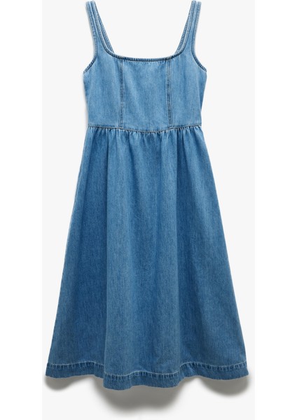 Pamuklu Kalın Askılı Fermuarlı Kare Yaka Denim Midi Elbise