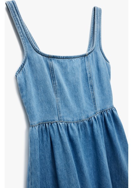 Pamuklu Kalın Askılı Fermuarlı Kare Yaka Denim Midi Elbise