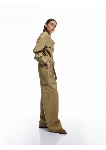 Modal Karışımlı Cep Detaylı Geniş Paça Gabardin Kargo Pantolon