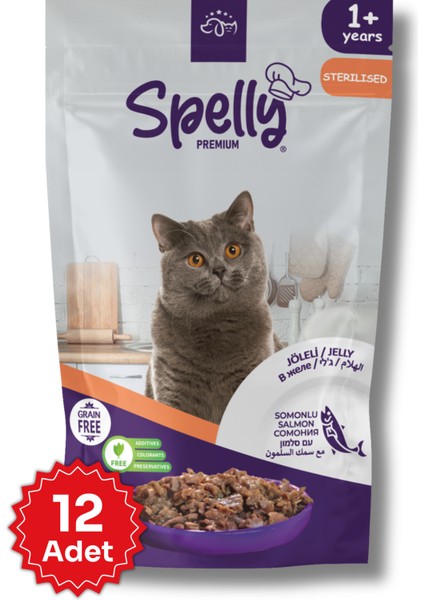 12 Adet x Spelly Premium Kısırlaştırılmış Kedi Yaş Mama - Somon (85GR)