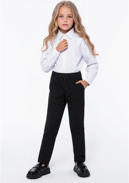 Kız Çocuk Lastikli Ribana Bel Kanvas Çocuk Pantolonu Okul Pantolon