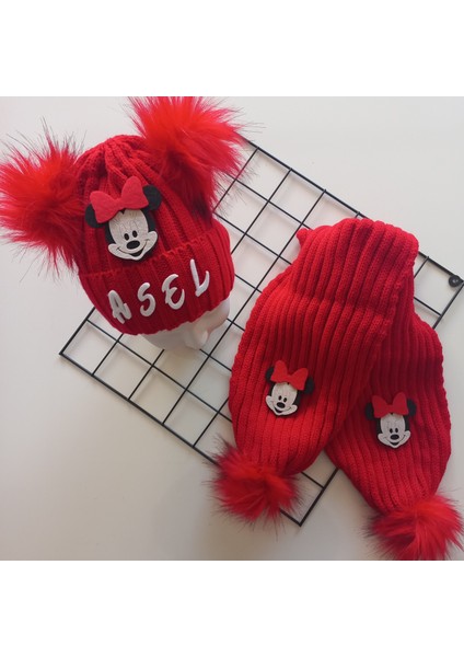 Bebek Kız Çocuk Isimli Kırmızı Minnie Çift Ponponlu Atkı Bere Takımı
