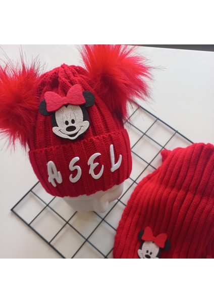 Bebek Kız Çocuk Isimli Kırmızı Minnie Çift Ponponlu Atkı Bere Takımı fiyatları