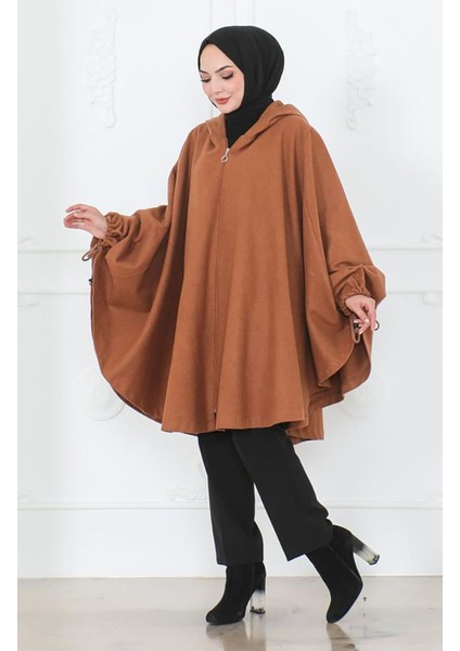 Kapüşonlu Kaşe Panço 0505-09 Taba