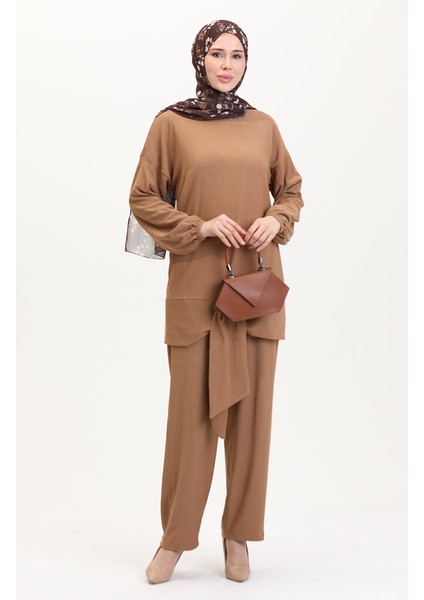 Önden Bağlamalı Tunik Pantolon Ikili Takım 7680-03 Sütlü Kahve