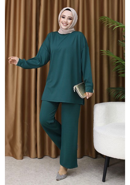 Fitilli Tunik Pantolon Ikili Takım 5570-04 Zümrüt Yeşili