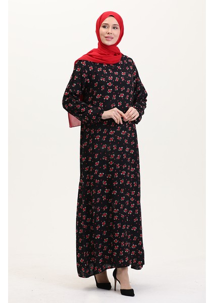 Desenli Viskon Elbise 0007-01 Siyah fiyatları