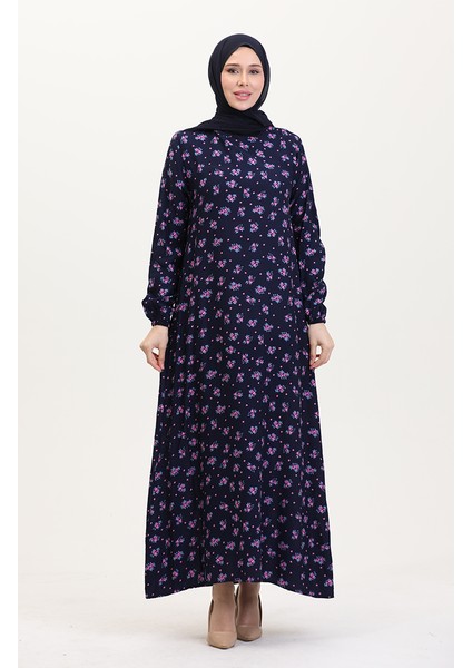 Desenli Viskon Elbise 0007-02 Lacivert