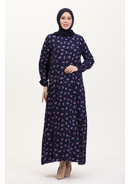 Desenli Viskon Elbise 0007-02 Lacivert fiyatları