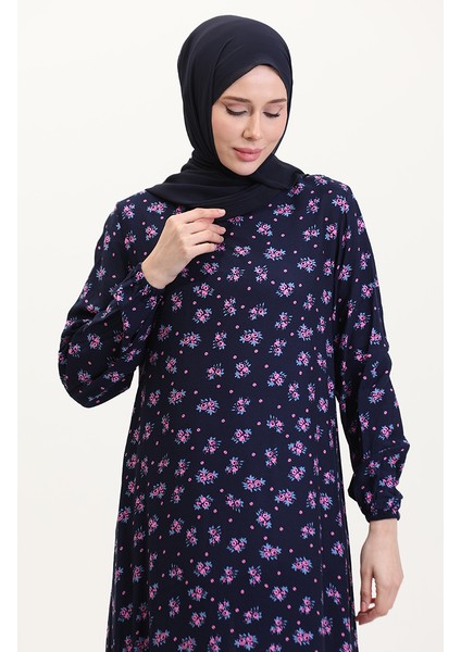 Desenli Viskon Elbise 0007-02 Lacivert modelleri