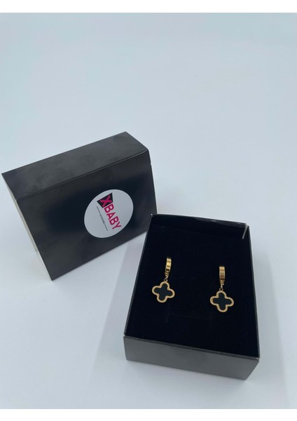 Siyah Dolgulu Yonca Gold Küpe