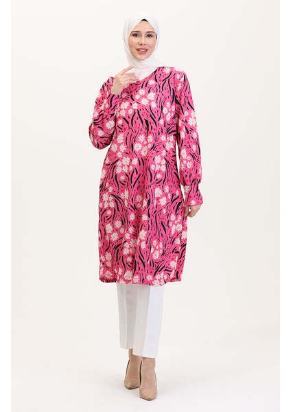 Büyük Beden Desenli Tunik 1129-01 Fuşya