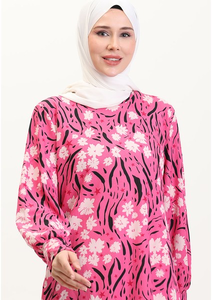 Büyük Beden Desenli Tunik 1129-01 Fuşya modelleri