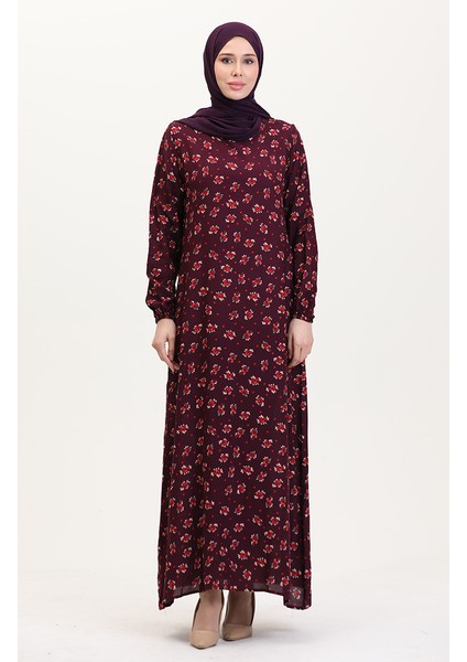 Desenli Viskon Elbise 0007-03 Mürdüm