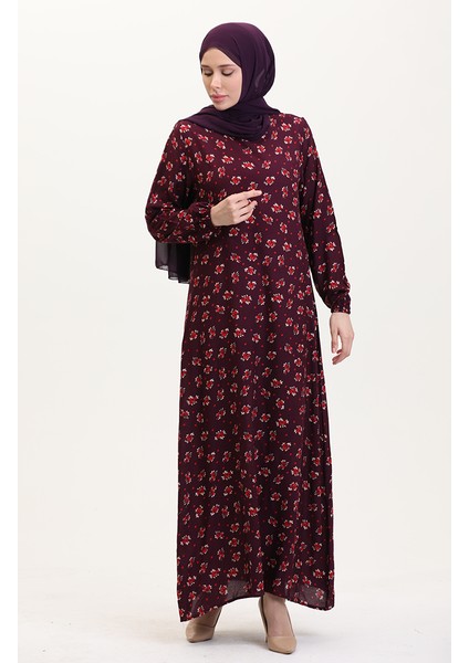 Desenli Viskon Elbise 0007-03 Mürdüm fiyatları