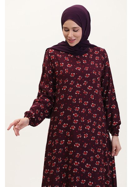 Desenli Viskon Elbise 0007-03 Mürdüm modelleri