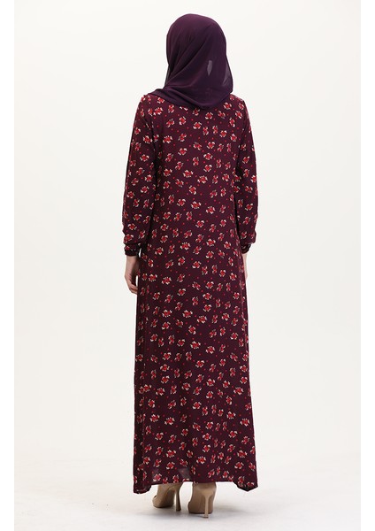 Desenli Viskon Elbise 0007-03 Mürdüm indirimleri