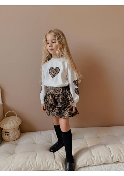 Kız Çocuk Kalp Modelli Kol Detaylı Leopar Etekli Takım