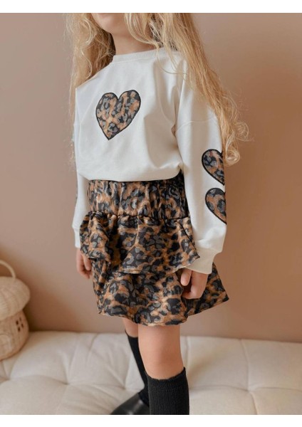 Kız Çocuk Kalp Modelli Kol Detaylı Leopar Etekli Takım fiyatları