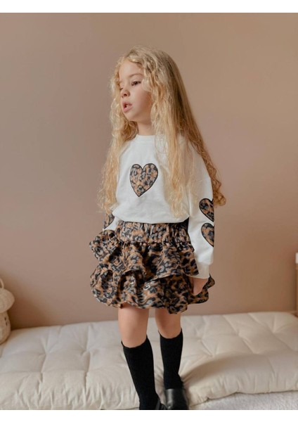Kız Çocuk Kalp Modelli Kol Detaylı Leopar Etekli Takım modelleri