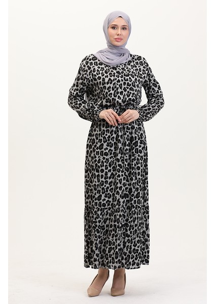 Leopar Desenli Beli Ipli Elbise 0009-01 Siyah