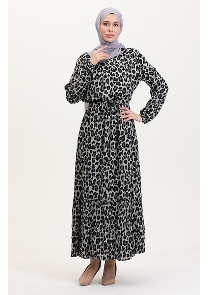 Leopar Desenli Beli Ipli Elbise 0009-01 Siyah fiyatları