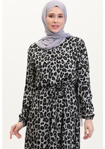 Leopar Desenli Beli Ipli Elbise 0009-01 Siyah modelleri