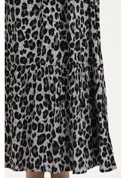 Leopar Desenli Beli Ipli Elbise 0009-01 Siyah fırsatları
