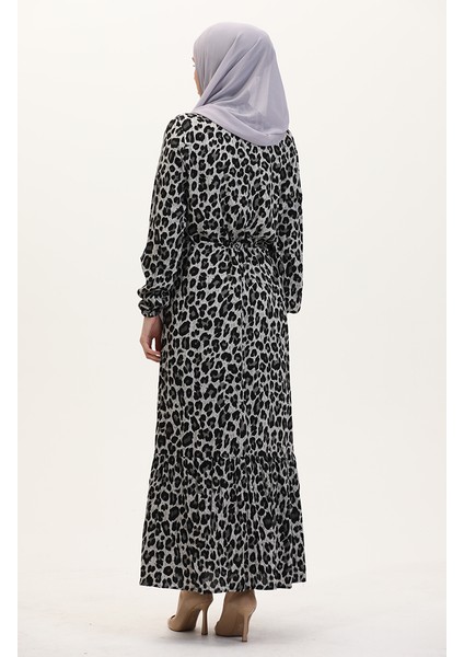 Leopar Desenli Beli Ipli Elbise 0009-01 Siyah indirimleri