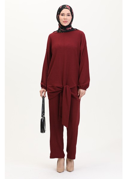Önden Bağlamalı Tunik Pantolon Ikili Takım 7680-02 Bordo
