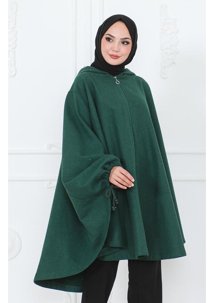 Kapüşonlu Kaşe Panço 0505-10 Zümrüt Yeşil
