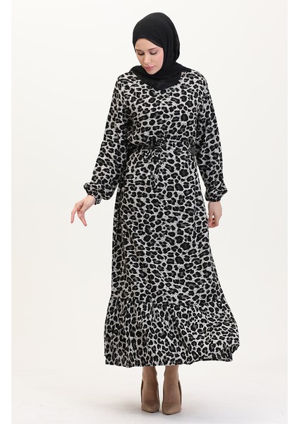 Leopar Desenli Kuşaklı Elbise 0008-01 Siyah fiyatları