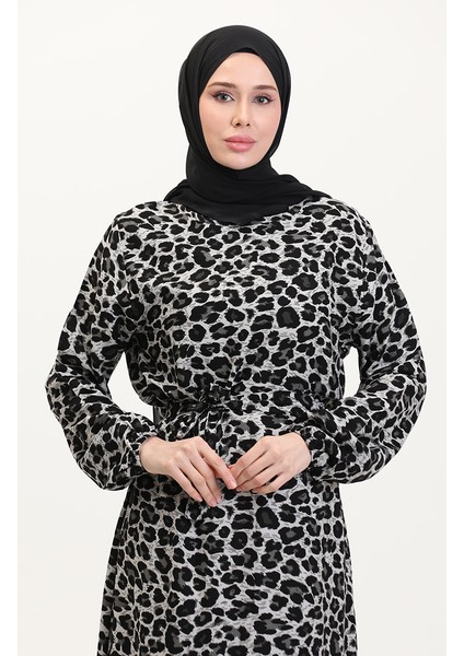 Leopar Desenli Kuşaklı Elbise 0008-01 Siyah modelleri