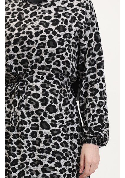 Leopar Desenli Kuşaklı Elbise 0008-01 Siyah fırsatları