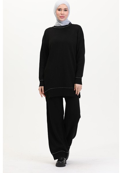 Çizgili Şeritli Triko Takım 3085-03 Siyah