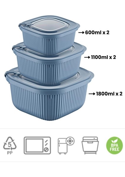 Mikrodalga Saklama Kabı 6’lı Set, Buzluk Mikrodalga Uygun Kapaklı Özel Set 2X(600-1100-1800ML) Mavi fiyatları