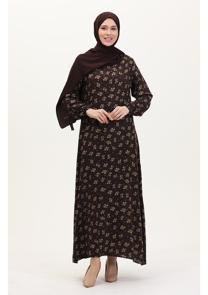 Desenli Viskon Elbise 0007-05 Kahverengi