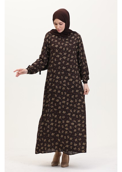 Desenli Viskon Elbise 0007-05 Kahverengi fiyatları