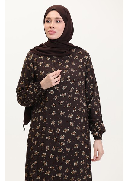 Desenli Viskon Elbise 0007-05 Kahverengi modelleri