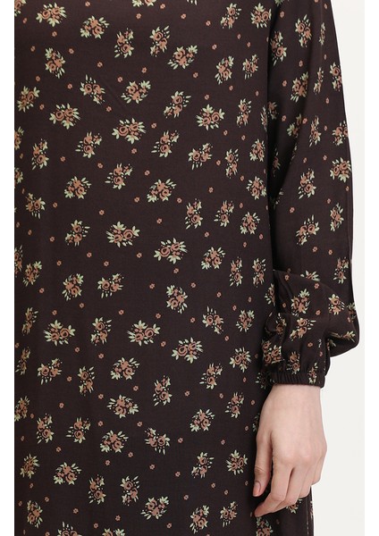 Desenli Viskon Elbise 0007-05 Kahverengi fırsatları