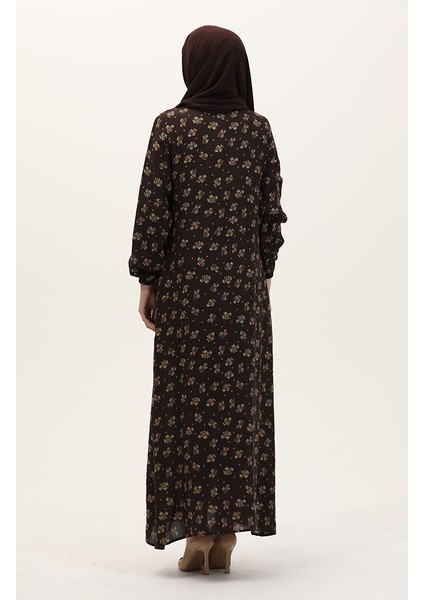 Desenli Viskon Elbise 0007-05 Kahverengi indirimleri