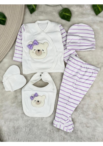 Çizgili Ayılı 5 Parça %100 Pamuk Kutulu Kız Bebek Yenidoğan Set